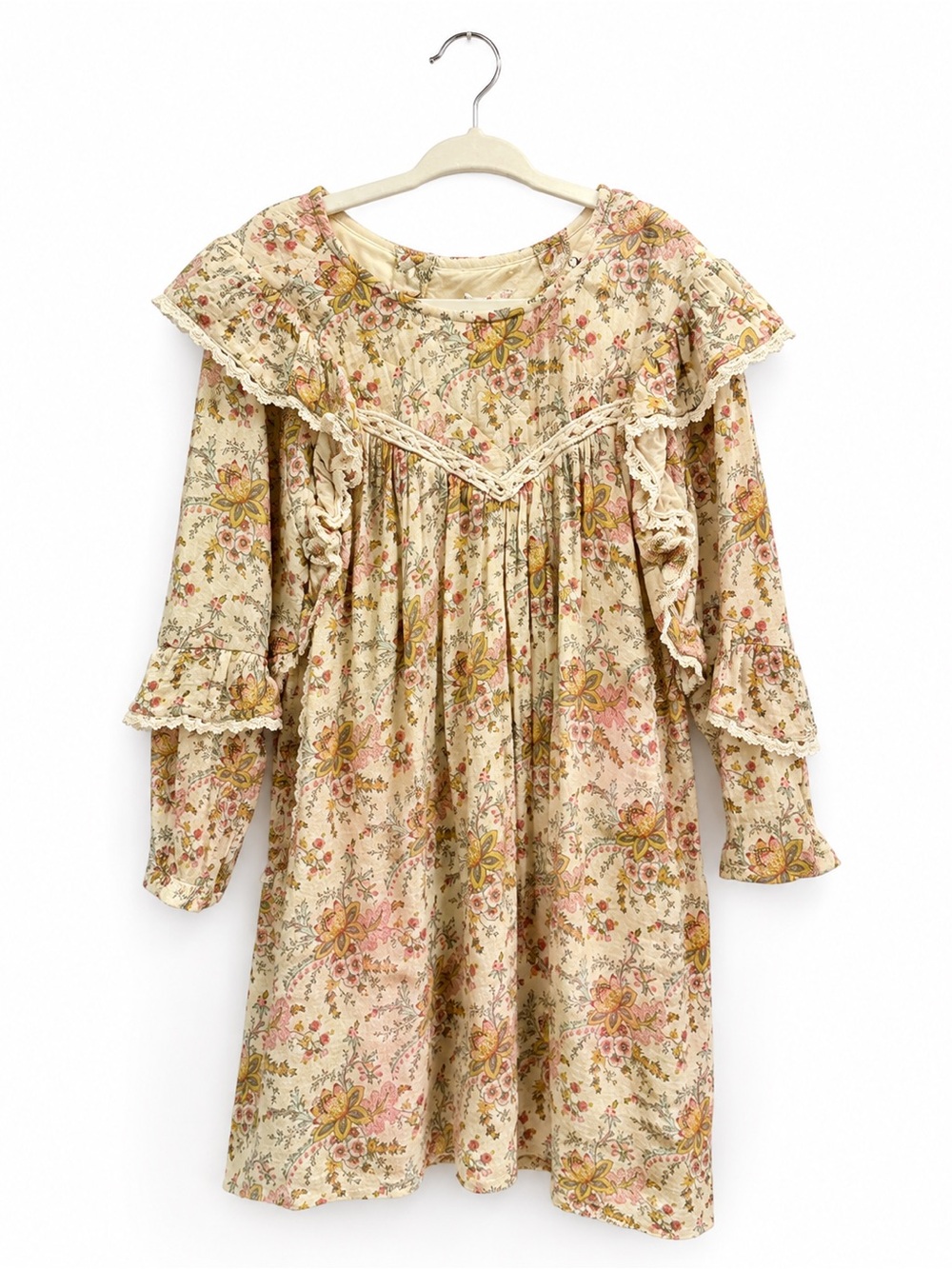 Girls Floral Cream Ruffle-Trim Formal Dress